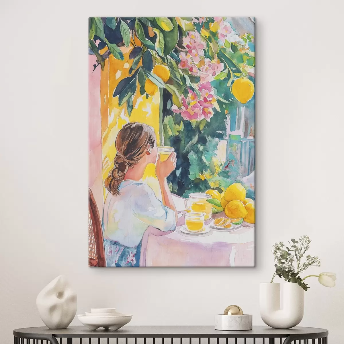 Tablouri Vibrații de vară, fată în cafenea, limoncello, Italia, stil acuarelă s44505