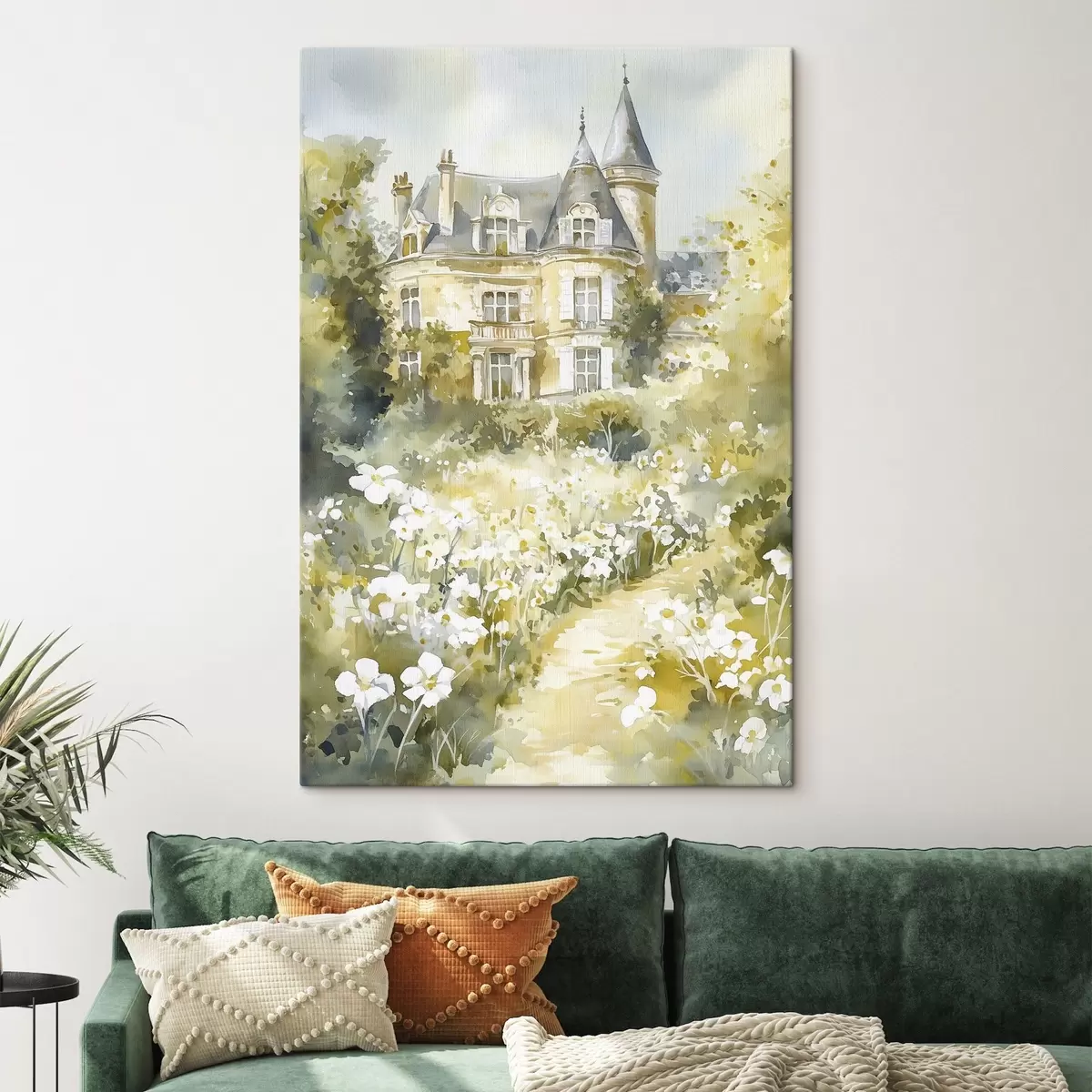 Tablouri Chateau frumos cu verdeață și flori albe, stil acuarelă s44506