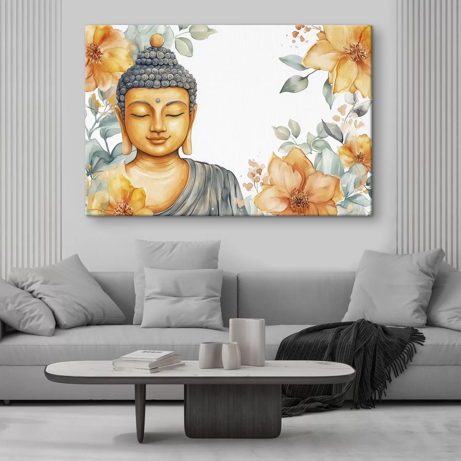 Tablouri Buddha înconjurat de flori portocalii, stil acuarelă s44508