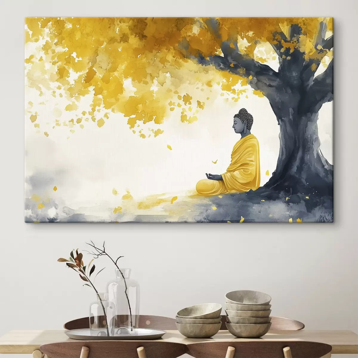 Tablouri Buddha meditând sub copac, culorile galben și gri s44509