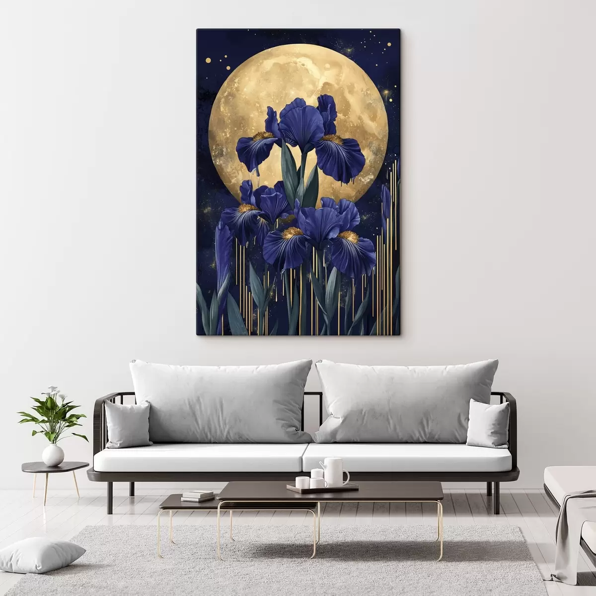 Tablouri Flori de iris, lună strălucitoare, cer de noapte, culori albastre s44510