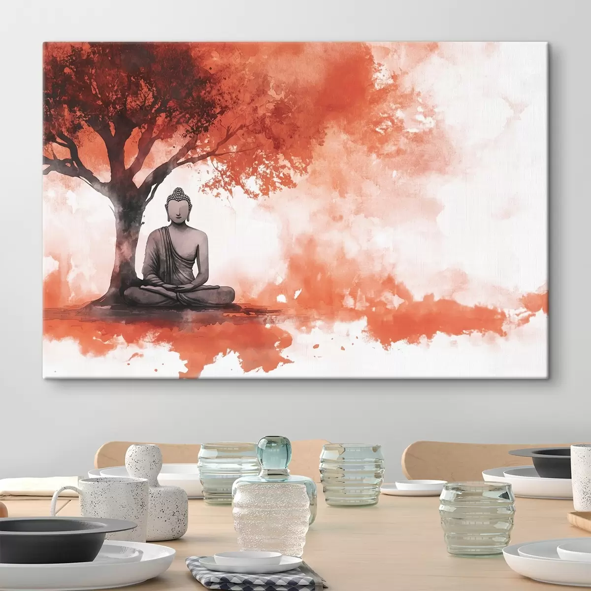 Tablouri Buddha stând sub copac, meditație, spiritual, culori portocalii s44512