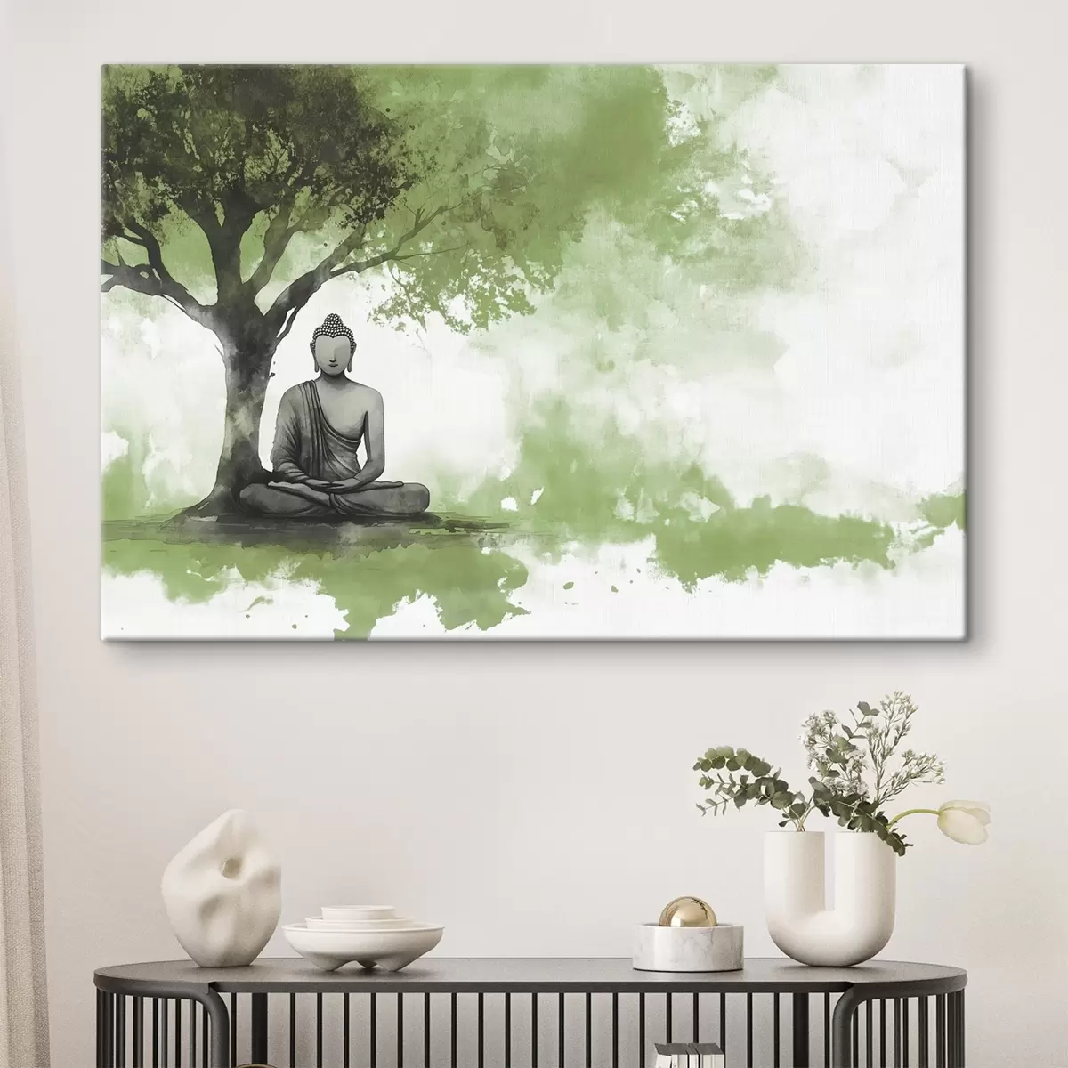 Tablouri Buddha stând sub copac, meditație, spiritual, culori verzi s44512v1