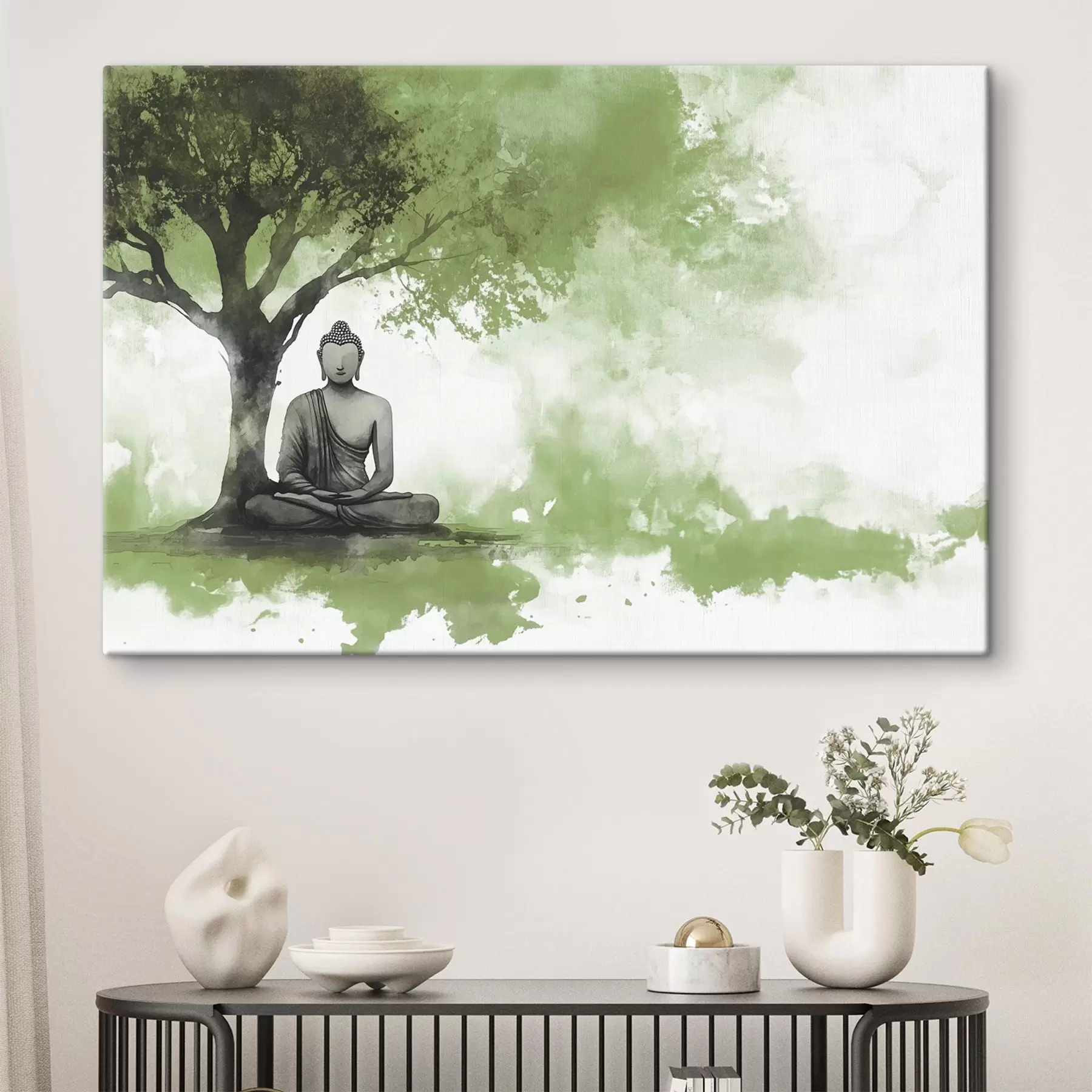 Tablouri Buddha stând sub copac, meditație, spiritual, culori verzi s44512v1