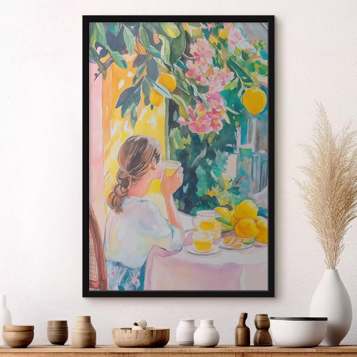 Poster Vibrații de vară, fată în cafenea, limoncello, Italia, stil acuarelă f44505