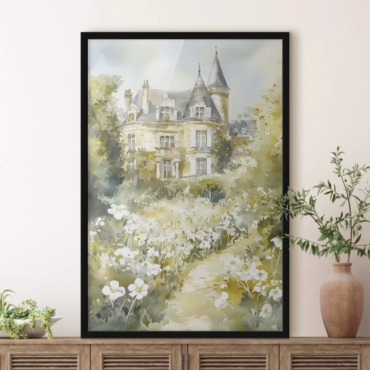 Poster Chateau frumos cu verdeață și flori albe, stil acuarelă f44506