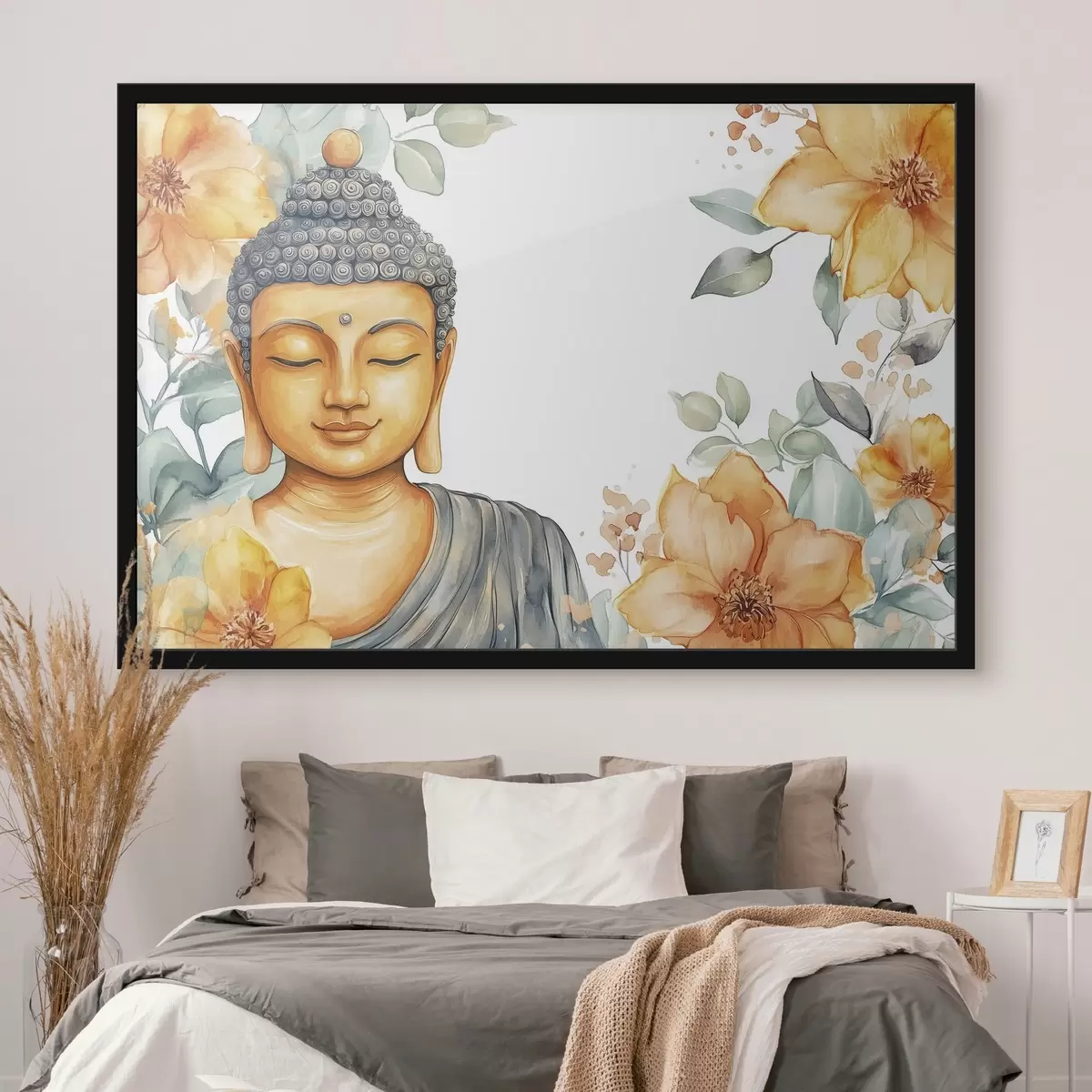 Poster Buddha înconjurat de flori portocalii, stil acuarelă f44508