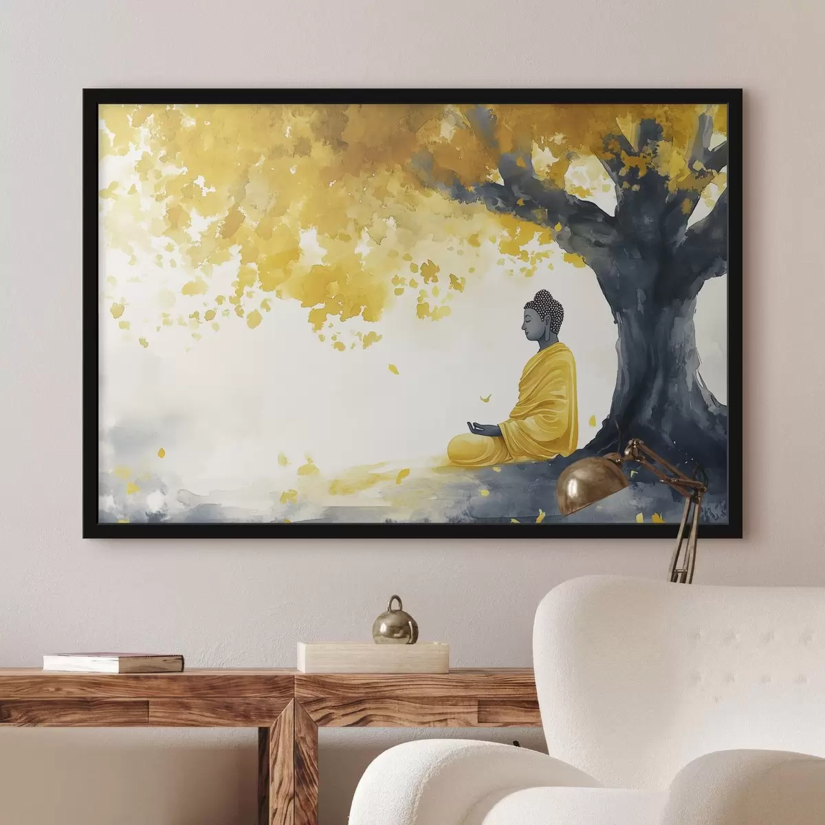 Poster Buddha meditând sub copac, culorile galben și gri f44509