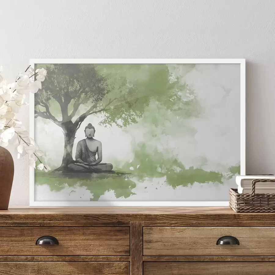 fototapet Buddha stând sub copac, meditație, spiritual, culori verzi f44512v1