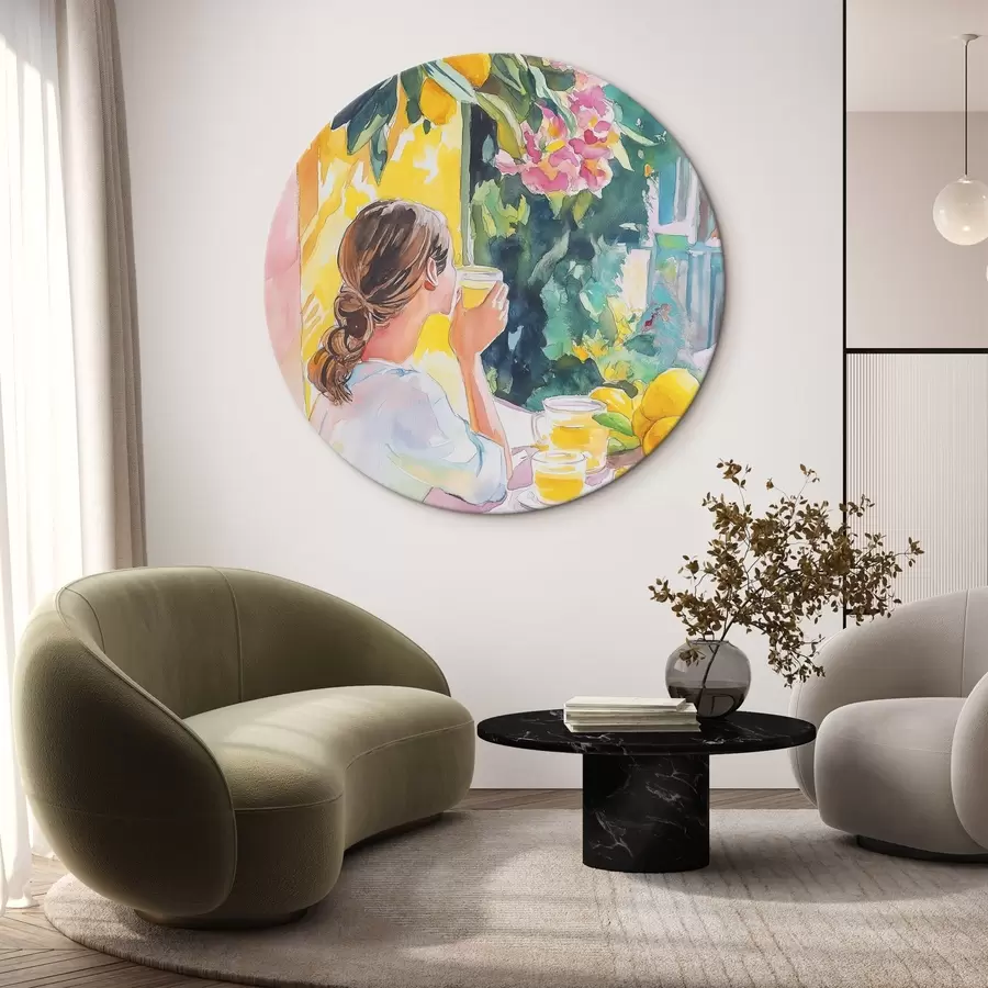 Tablouri Vibrații de vară, fată în cafenea, limoncello, Italia, stil acuarelă r44505