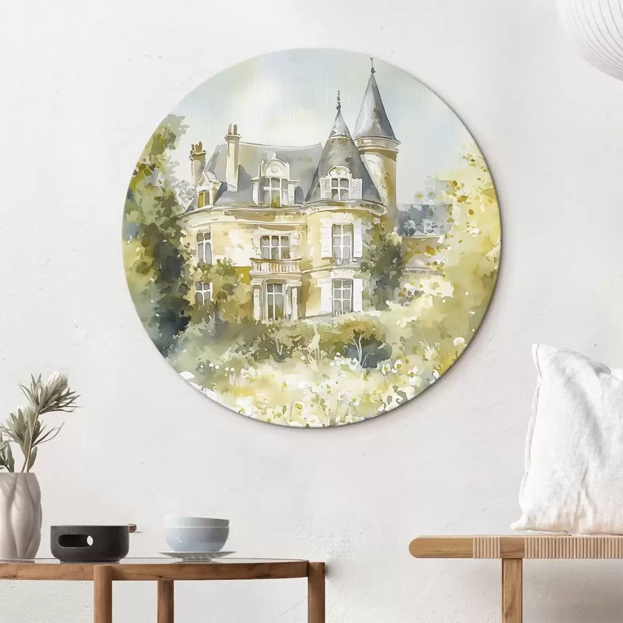 Tablouri Chateau frumos cu verdeață și flori albe, stil acuarelă r44506