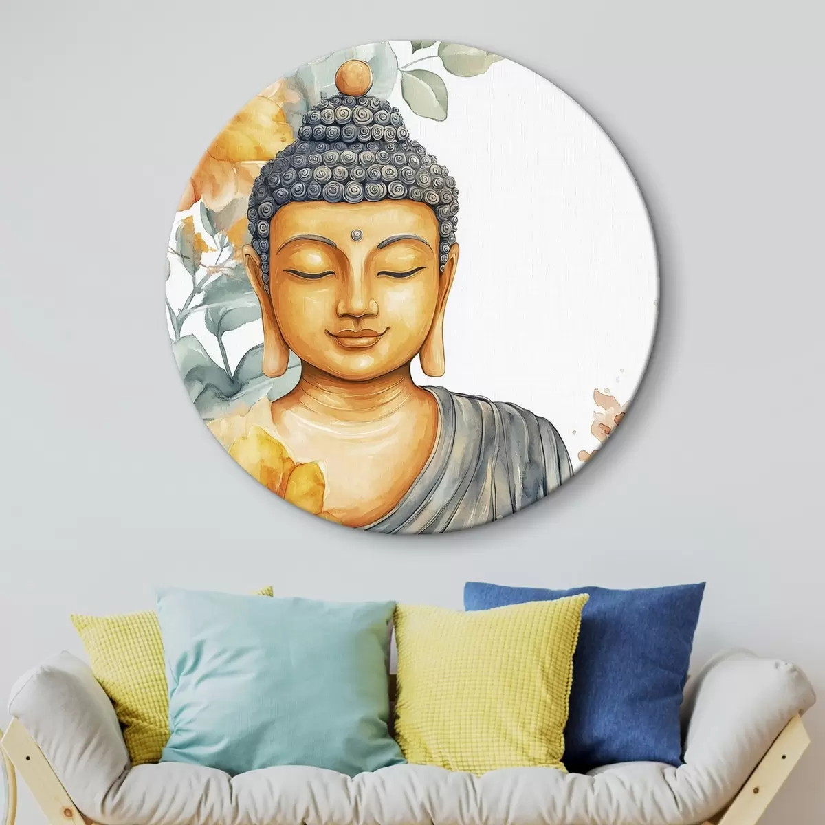 Picturi rotunde Buddha înconjurat de flori portocalii, stil acuarelă r44508