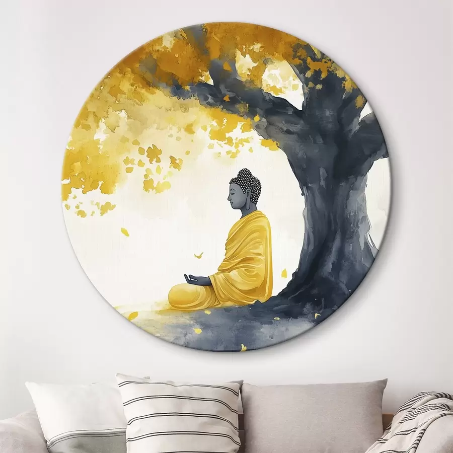 Tablouri Buddha meditând sub copac, culorile galben și gri r44509