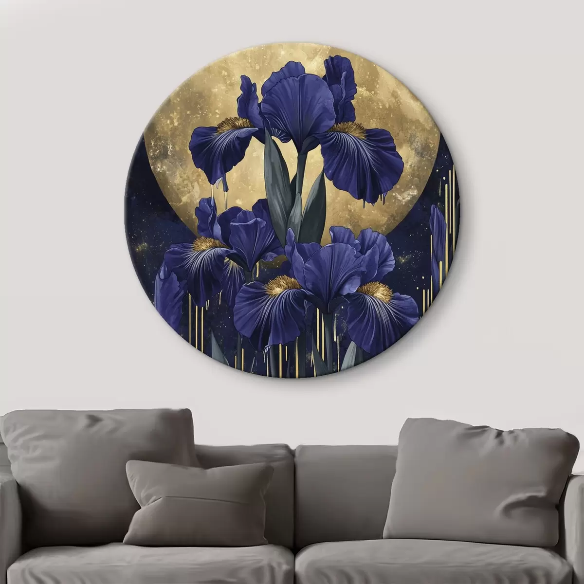 Picturi rotunde Flori de iris, lună strălucitoare, cer de noapte, culori albastre r44510
