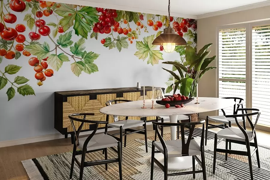 fototapet ciorchini de coacăze atârnă de sus în stil acuarelă pe un fundal alb w04073