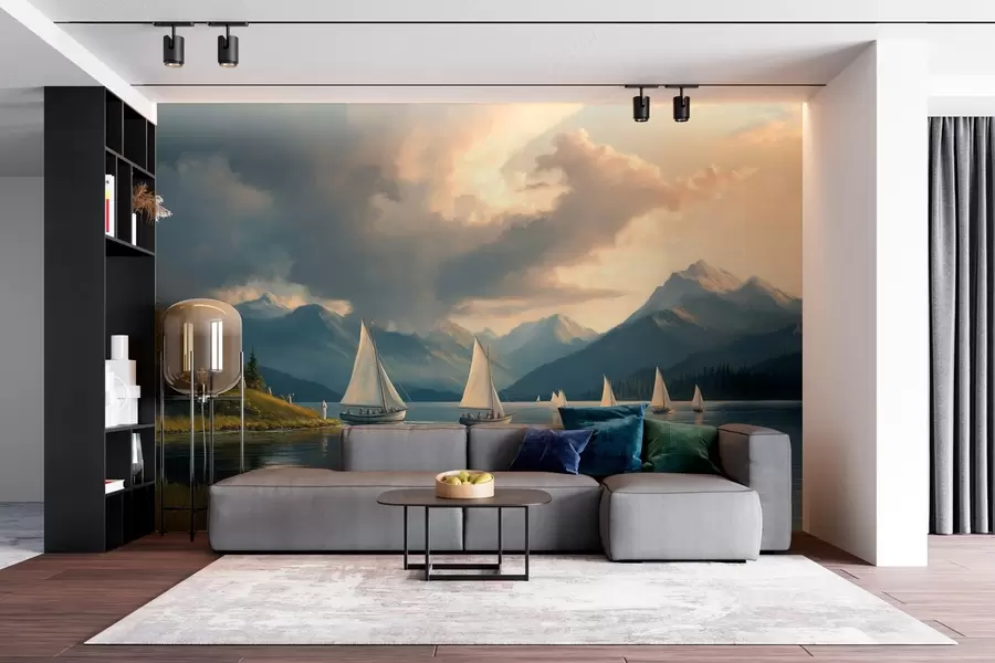 fototapet regată pe un lac cu un cer înnorat în stilul unei picturi în ulei din secolul al XIX-lea w04076