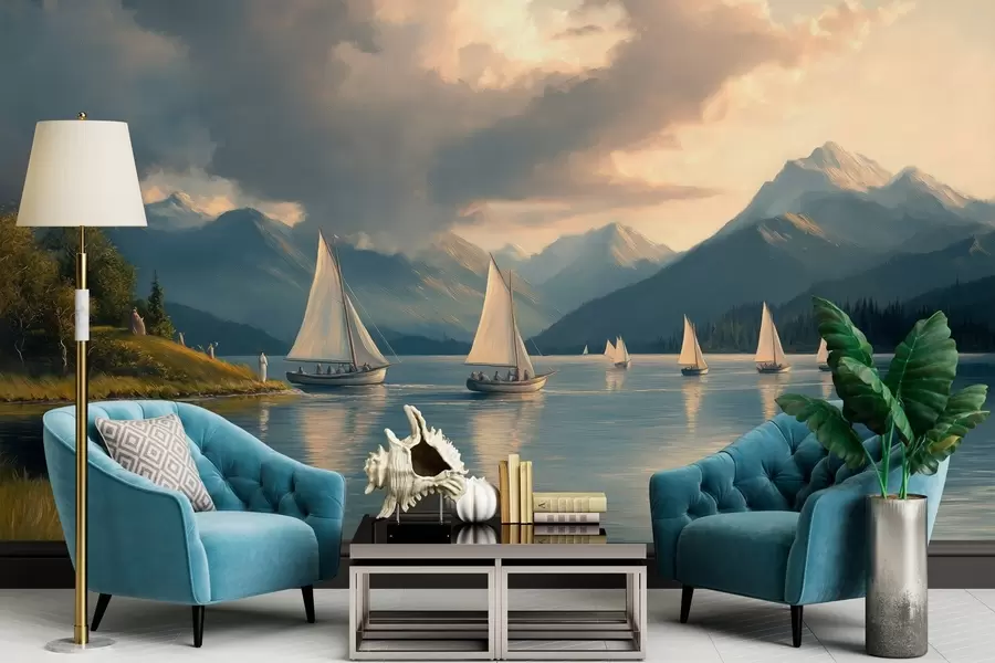 fototapet regată pe un lac cu un cer înnorat în stilul unei picturi în ulei din secolul al XIX-lea w04076