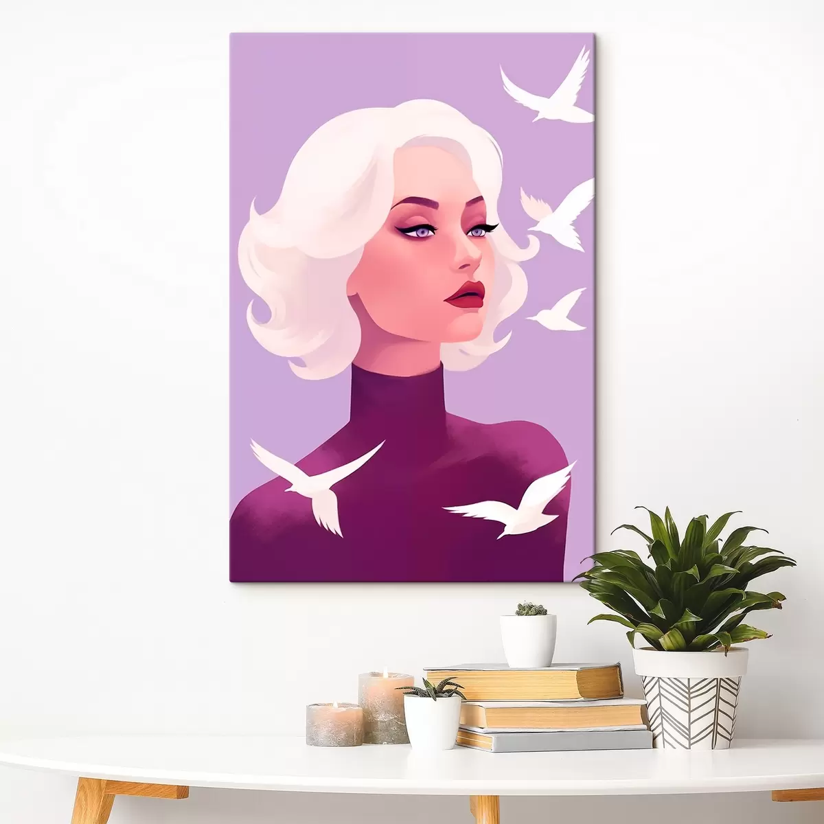 Tablouri Portret de femeie cu păr alb pe fundal cu păsări s44681
