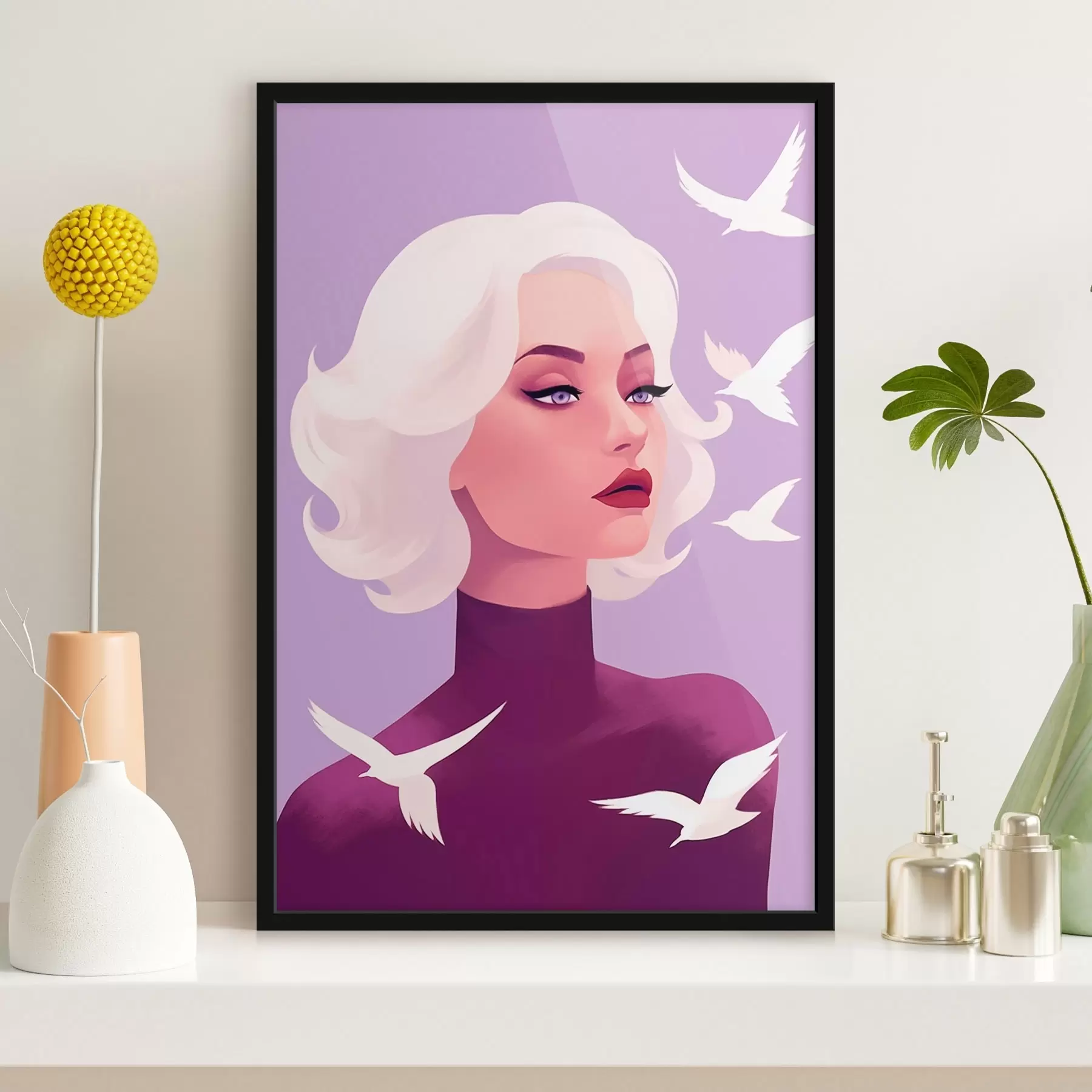 fototapet Portret de femeie cu păr alb pe fundal cu păsări f44681