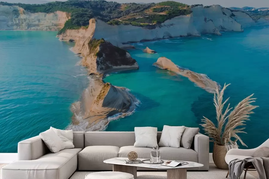 fototapet Grecia insulă, ulei stil textura, coasta mării, apă acvamarin, realism w04094