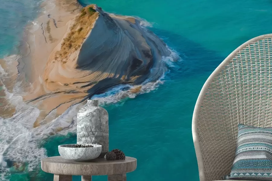 fototapet Grecia insulă, ulei stil textura, coasta mării, apă acvamarin, realism w04094