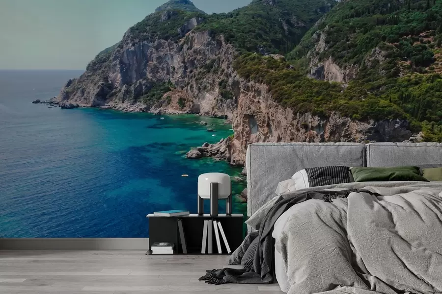 fototapet Munți stâncoși lângă mare, desen în stil ulei, apă acvamarin w04096