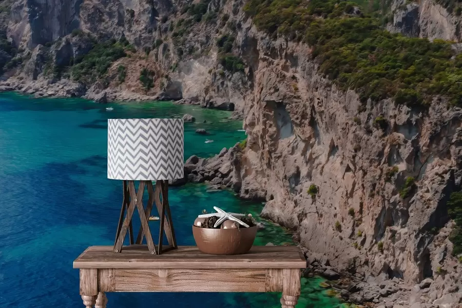 fototapet Munți stâncoși lângă mare, desen în stil ulei, apă acvamarin w04096