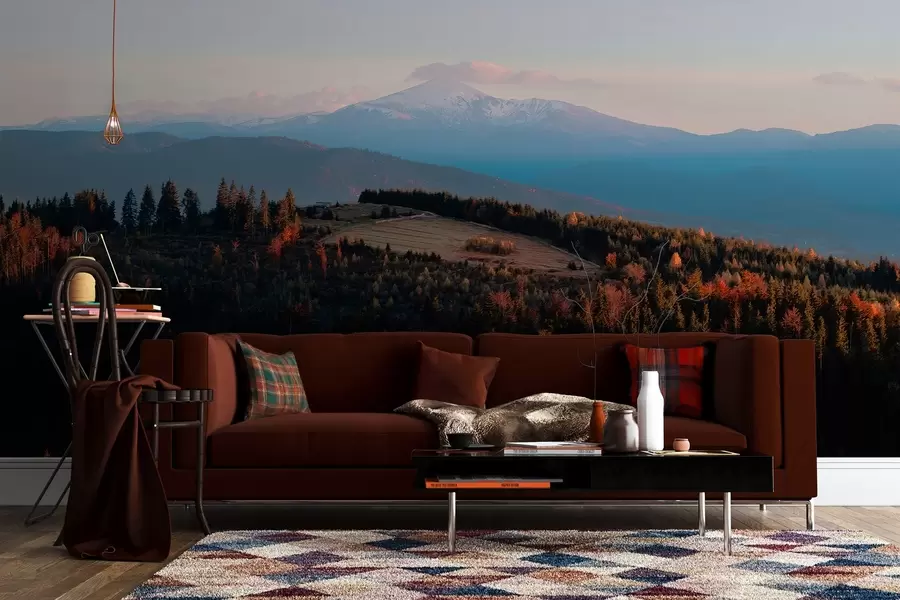 fototapet Munții Carpați, textura stil ulei, pădure de toamnă, cer apus de soare w04098