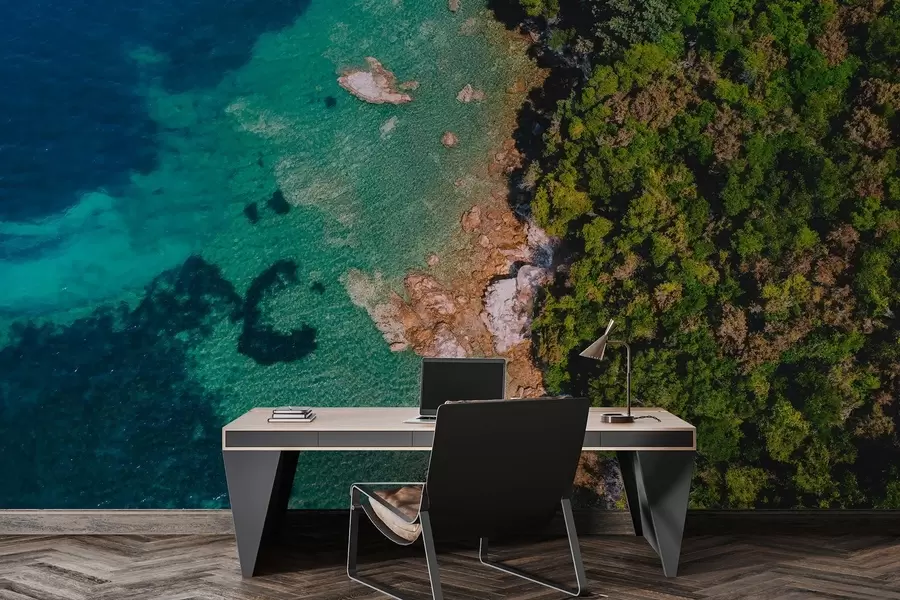 fototapet Spania coasta mării cu aqumarine apă, pădure de pini, aer fotografie w04099