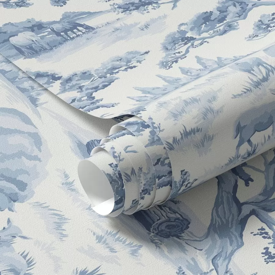 fototapet Peisaj rural în tonuri de albastru cu oi și copaci a00178