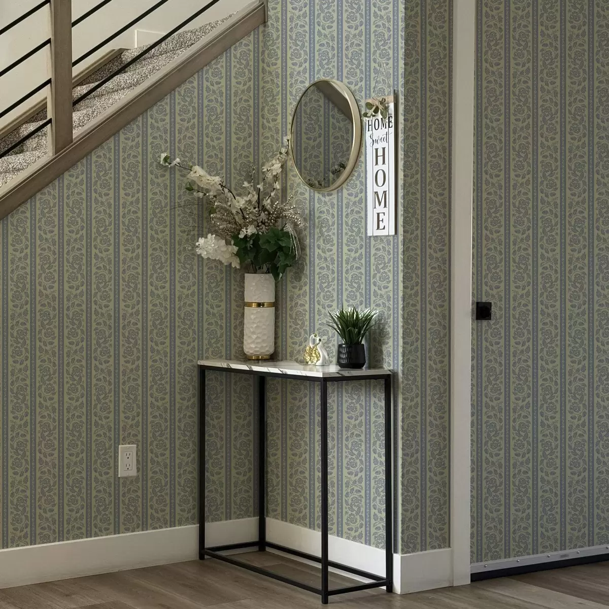 Wallpaper Ornament floral în dungi cu ghinde în tonuri de albastru și bej a00181