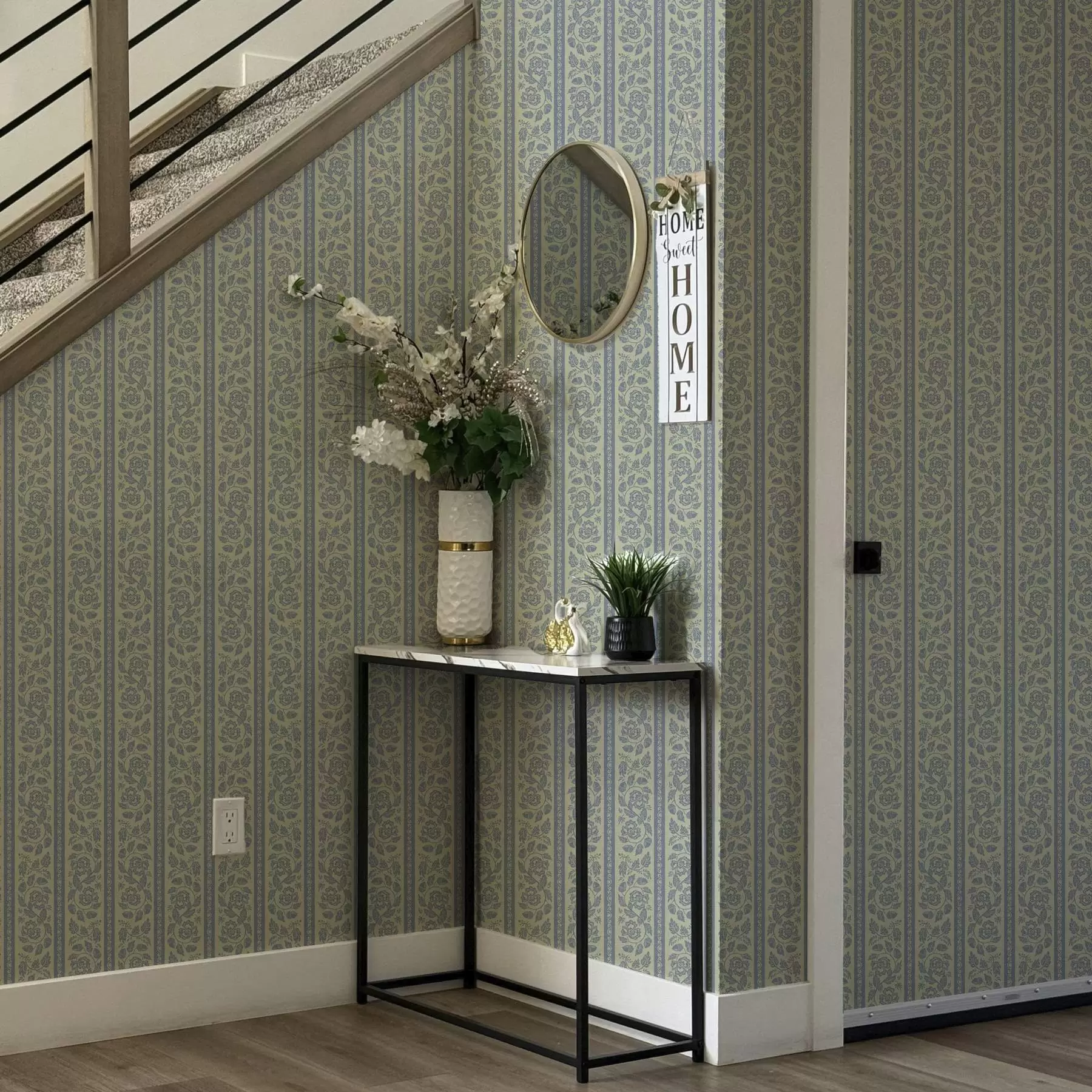 fototapet Ornament floral în dungi cu ghinde în tonuri de albastru și bej a00181