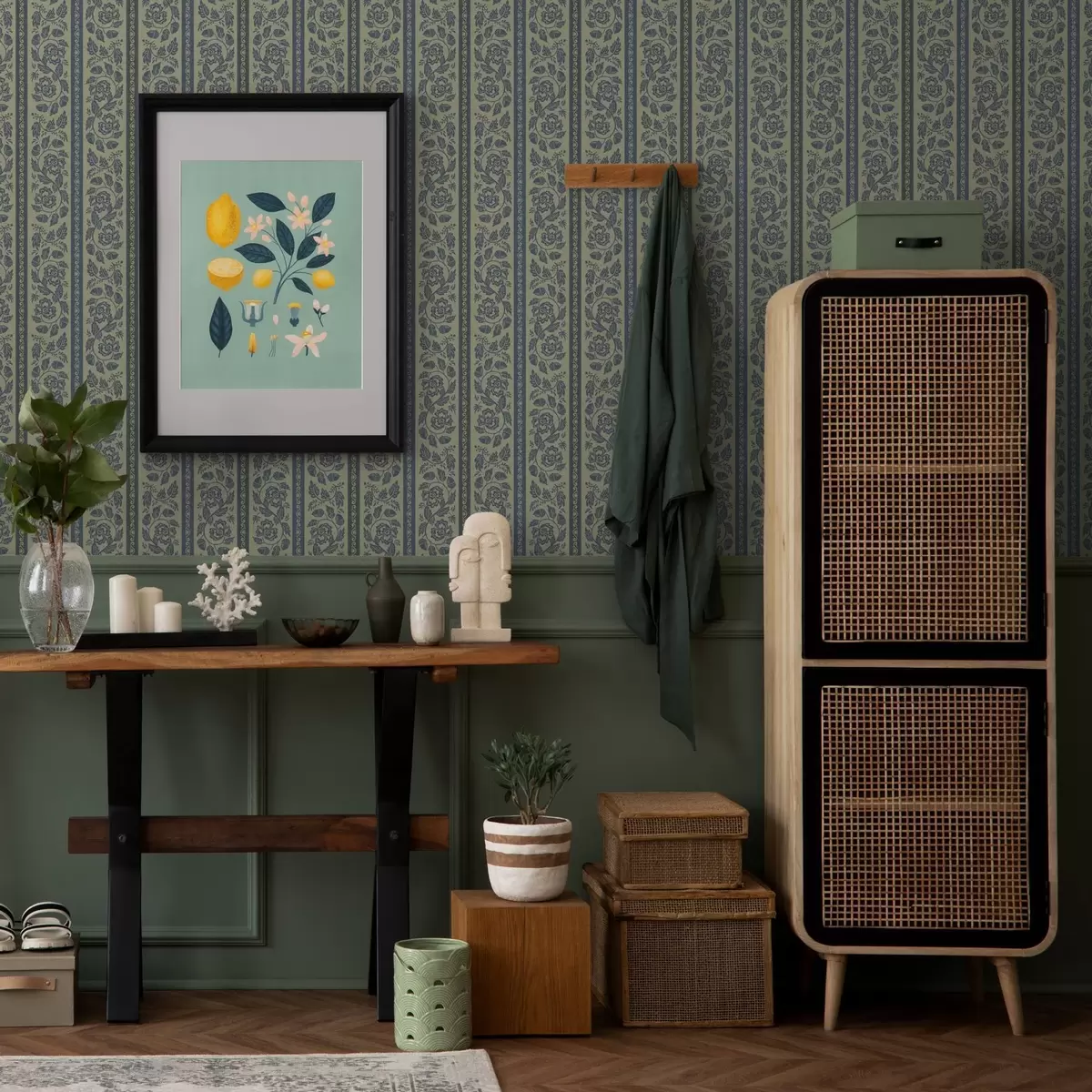 Wallpaper Ornament albastru vintage cu flori și ghinde a00181v1