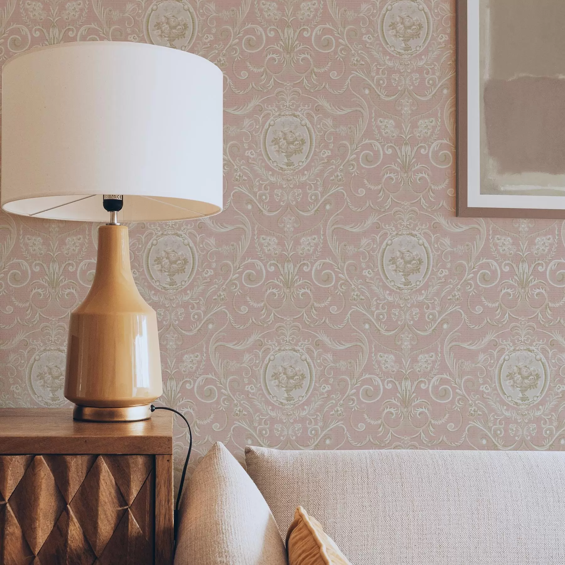 fototapet Model clasic roz cu medalioane și flori a00185