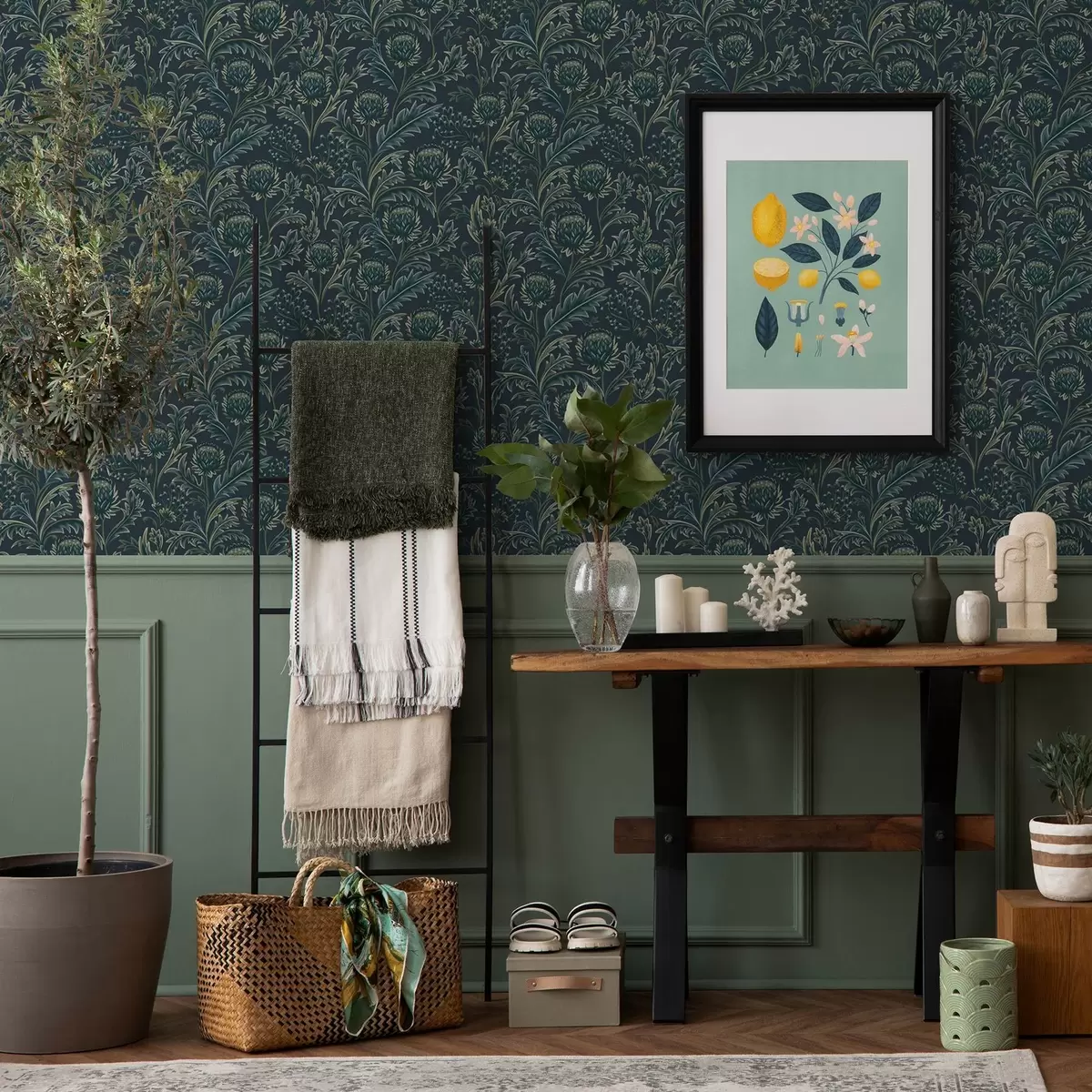 Wallpaper Model floral verde închis cu anghinare a00186