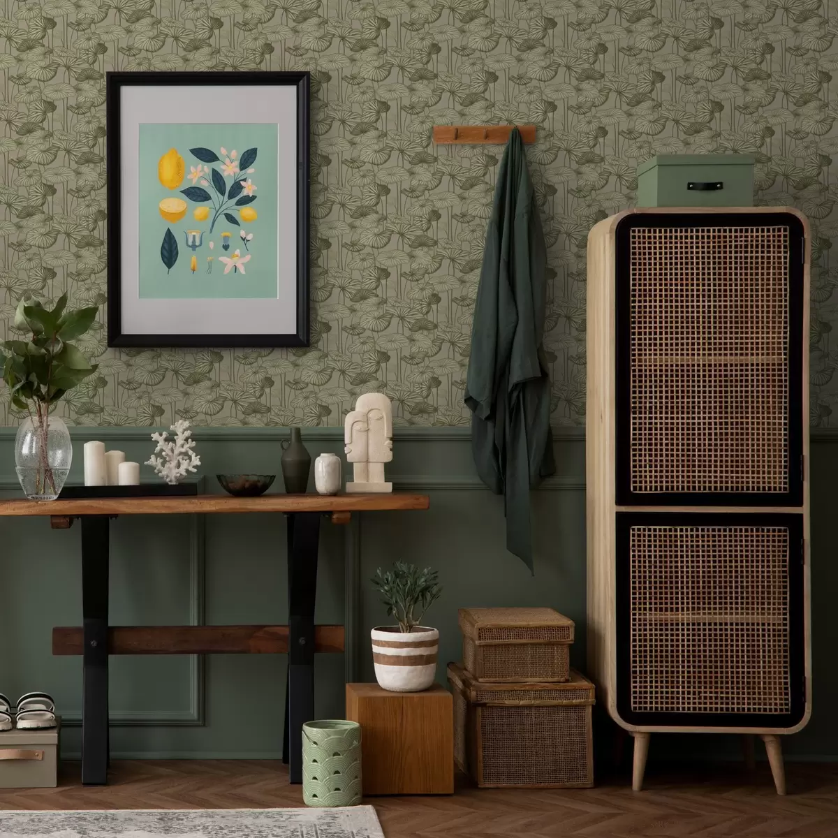 Wallpaper Grafic frunze de lotus în stil retro pe un fundal bej a00188