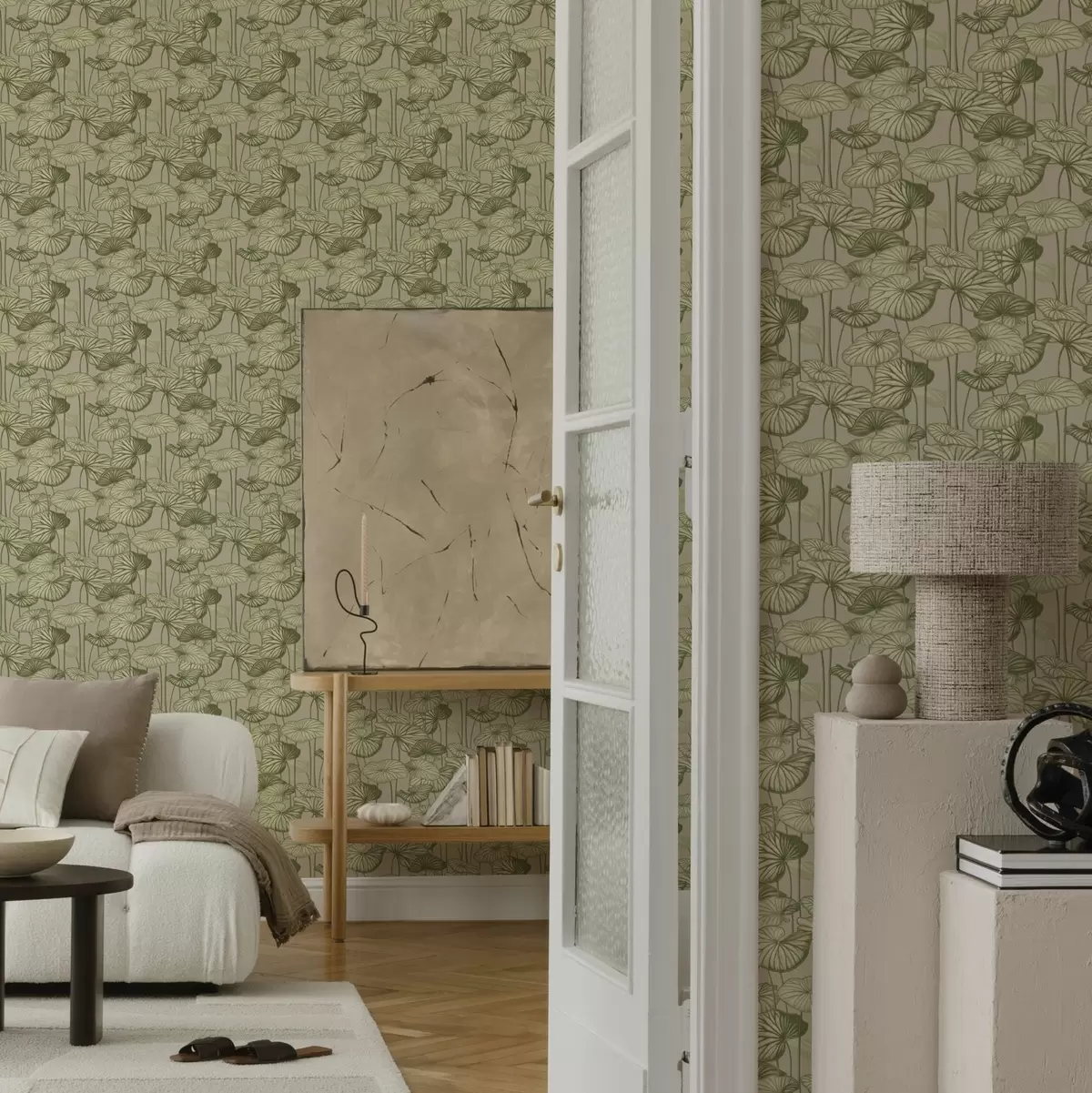 Wallpaper Grafic frunze de lotus în stil retro pe un fundal bej a00188