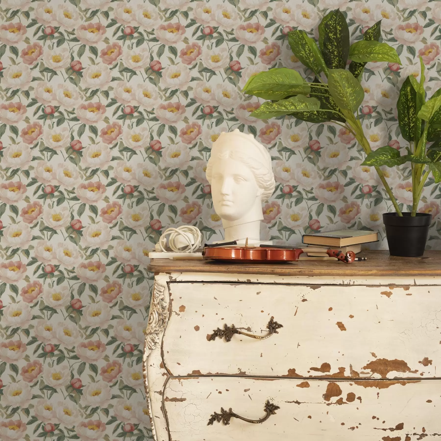 fototapet Peonii acuarelă în culori deschise în stil retro a00193