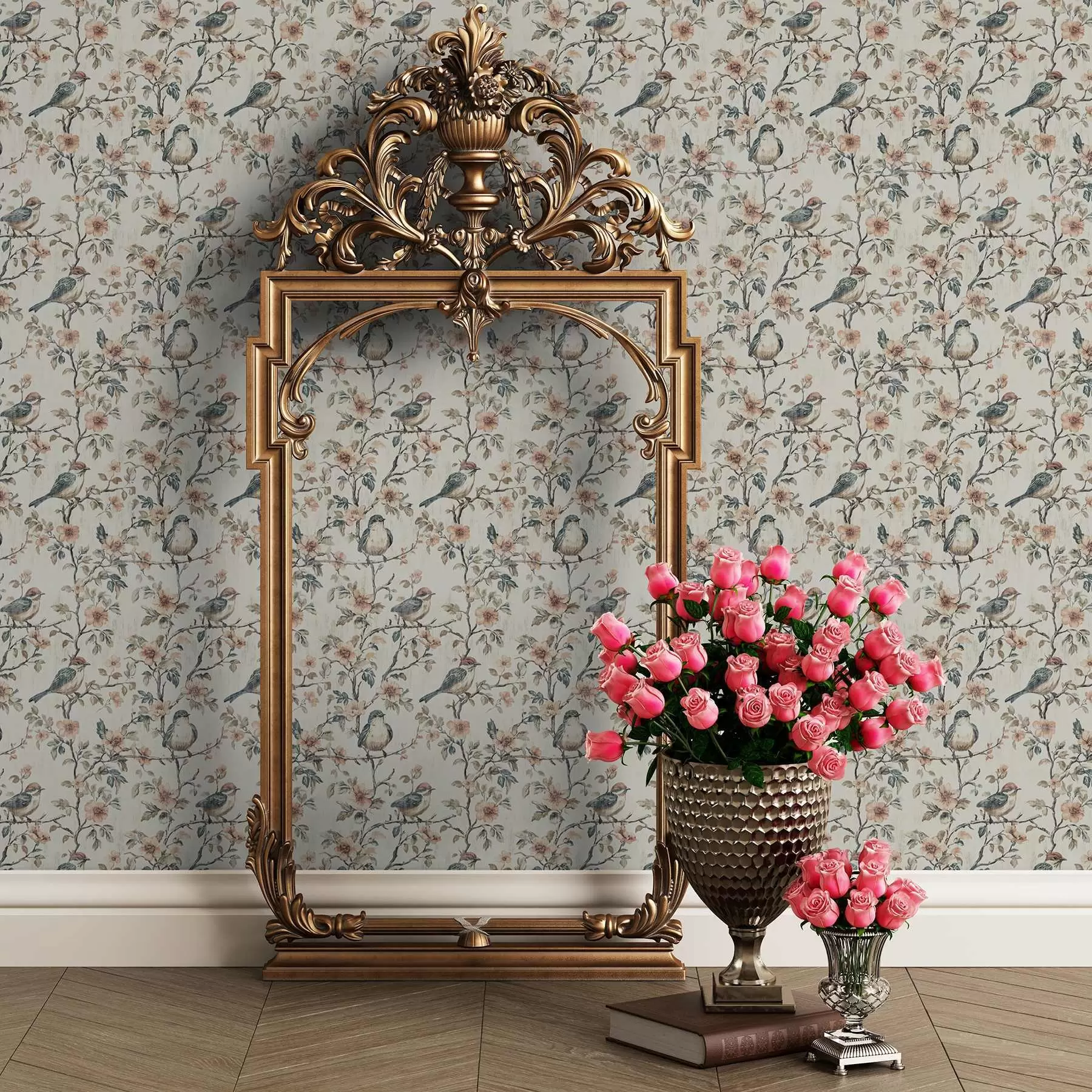 fototapet Păsări pe ramuri cu flori în stil retro acuarelă a00197