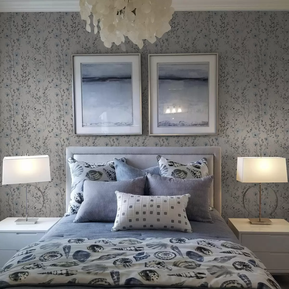 Wallpaper Albastru și gri acuarelă floristică pe fundal neutru a00198