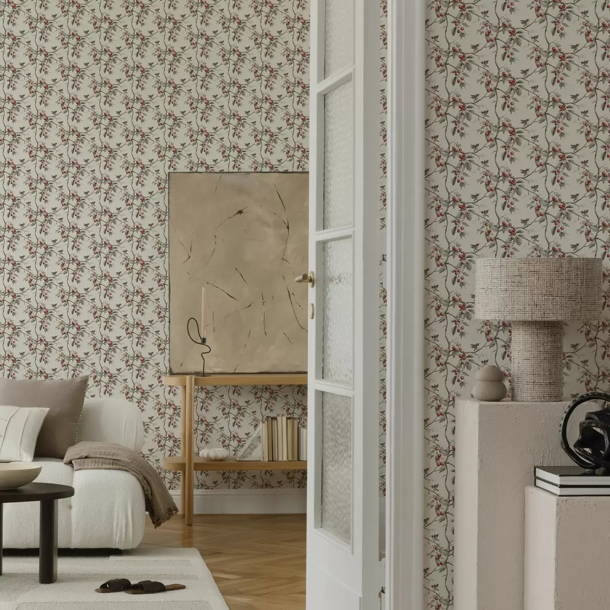 Wallpaper Păsări printre ramuri de cireș cu fructe de pădure roșii a00206