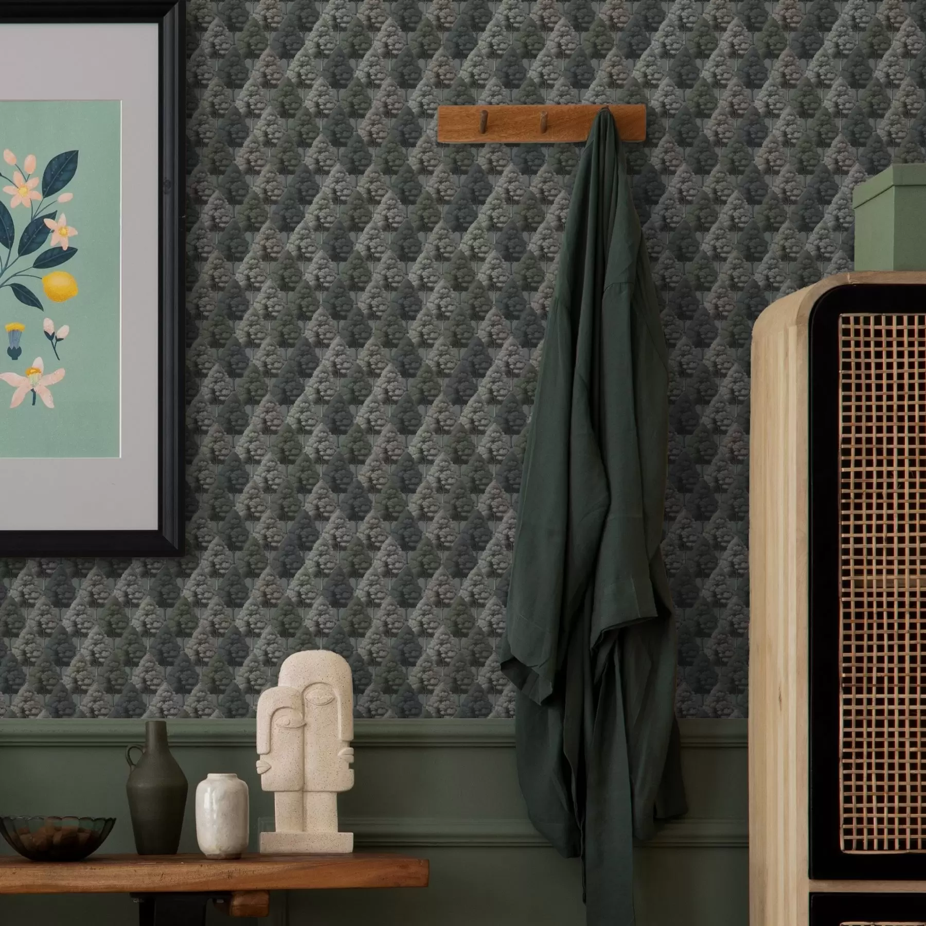 fototapet Geometric model de pădure cu copaci în culori verzi a00209