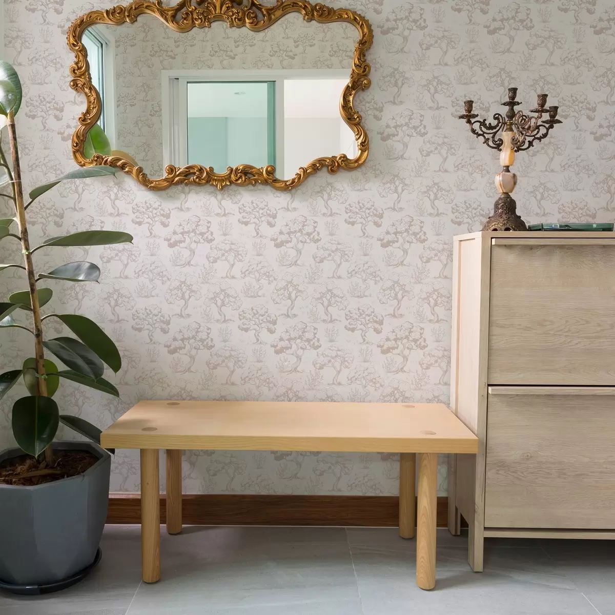 Wallpaper Siluete monocromatice de copaci în stil vintage, schema de culori bej a00210