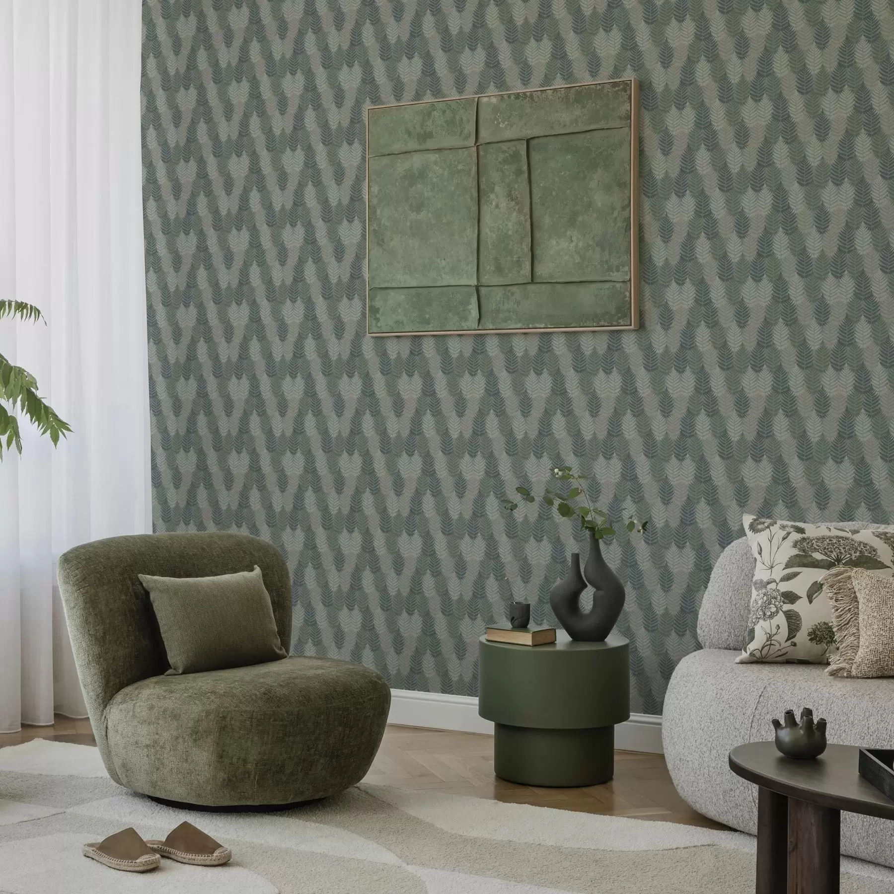 fototapet Frunze de ferigă, model geometric, culori verde și albastru a00211