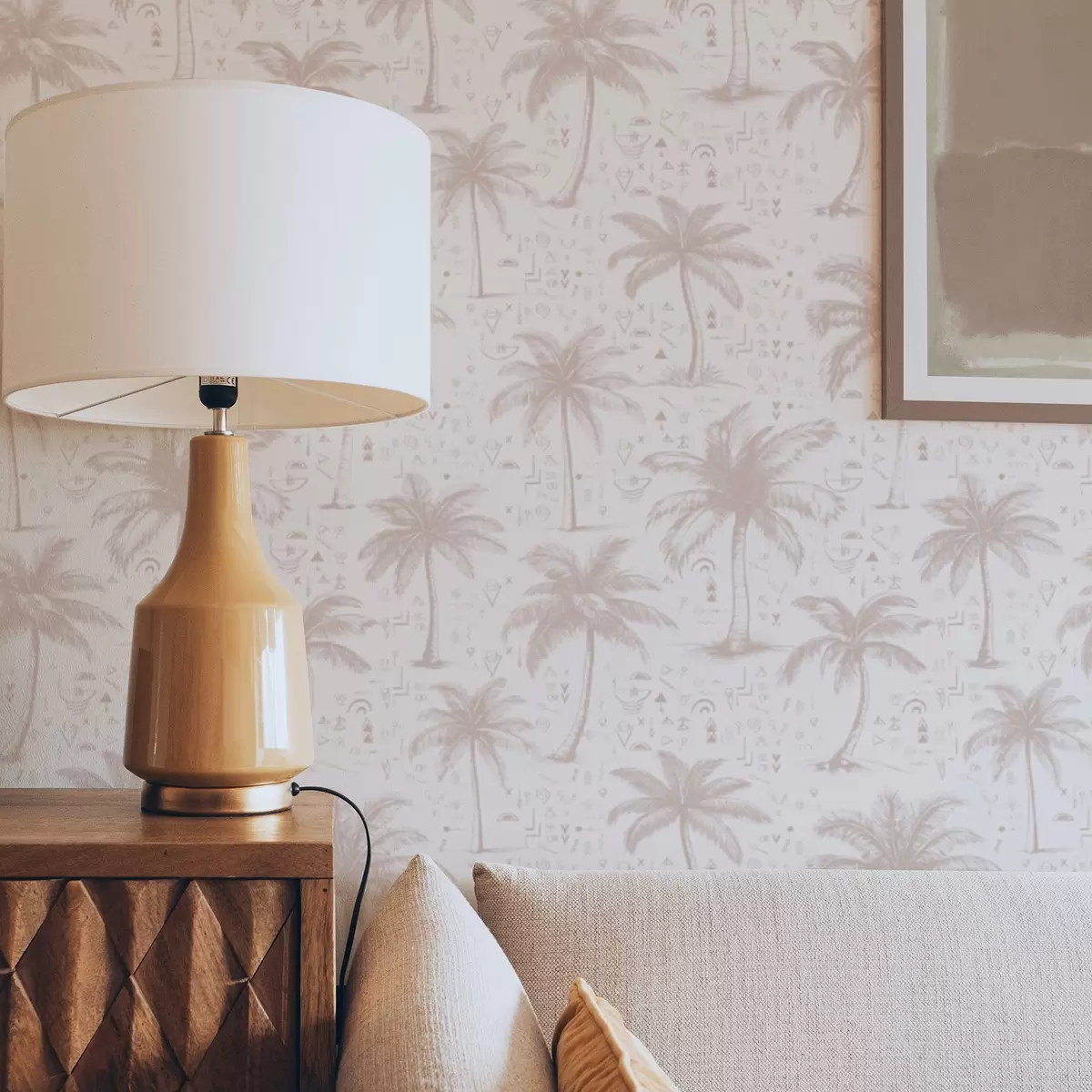 Wallpaper Palmieri cu simboluri etnice, ton roz pastel a00213