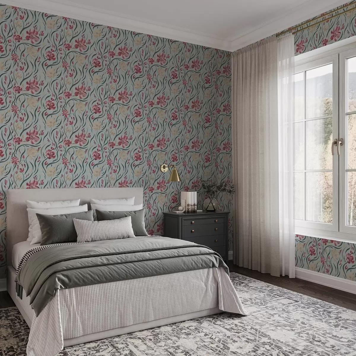 Wallpaper Flori acuarelă pe un fundal albastru, model roșu și bej a00216