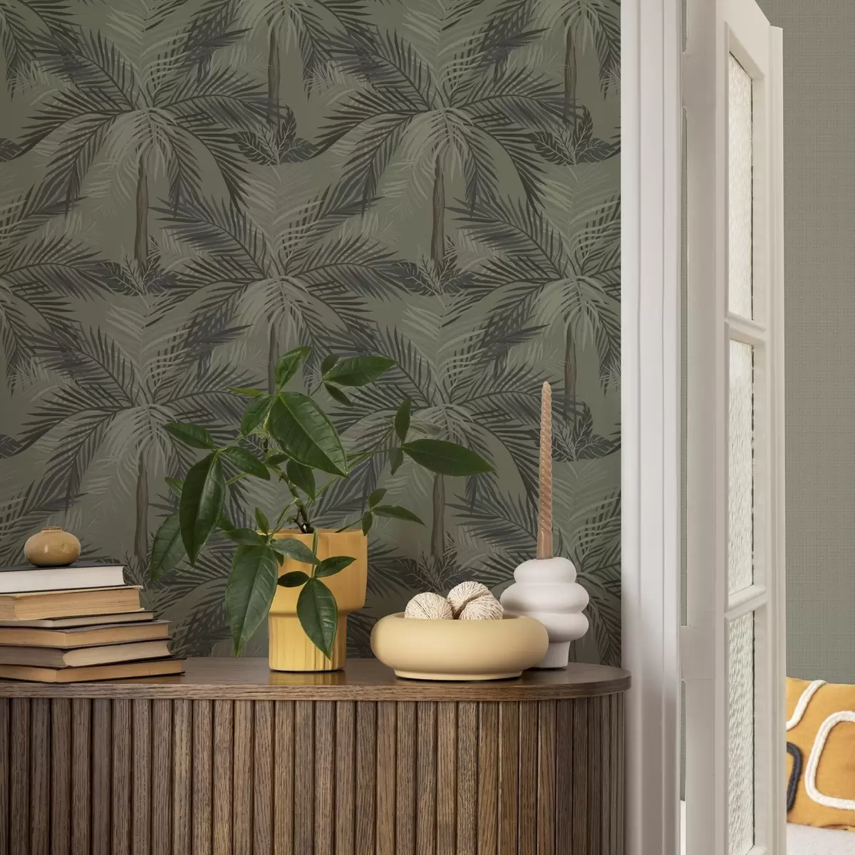 Wallpaper Frunze de palmier pe fundal de măsline, junglă, tropice a00217