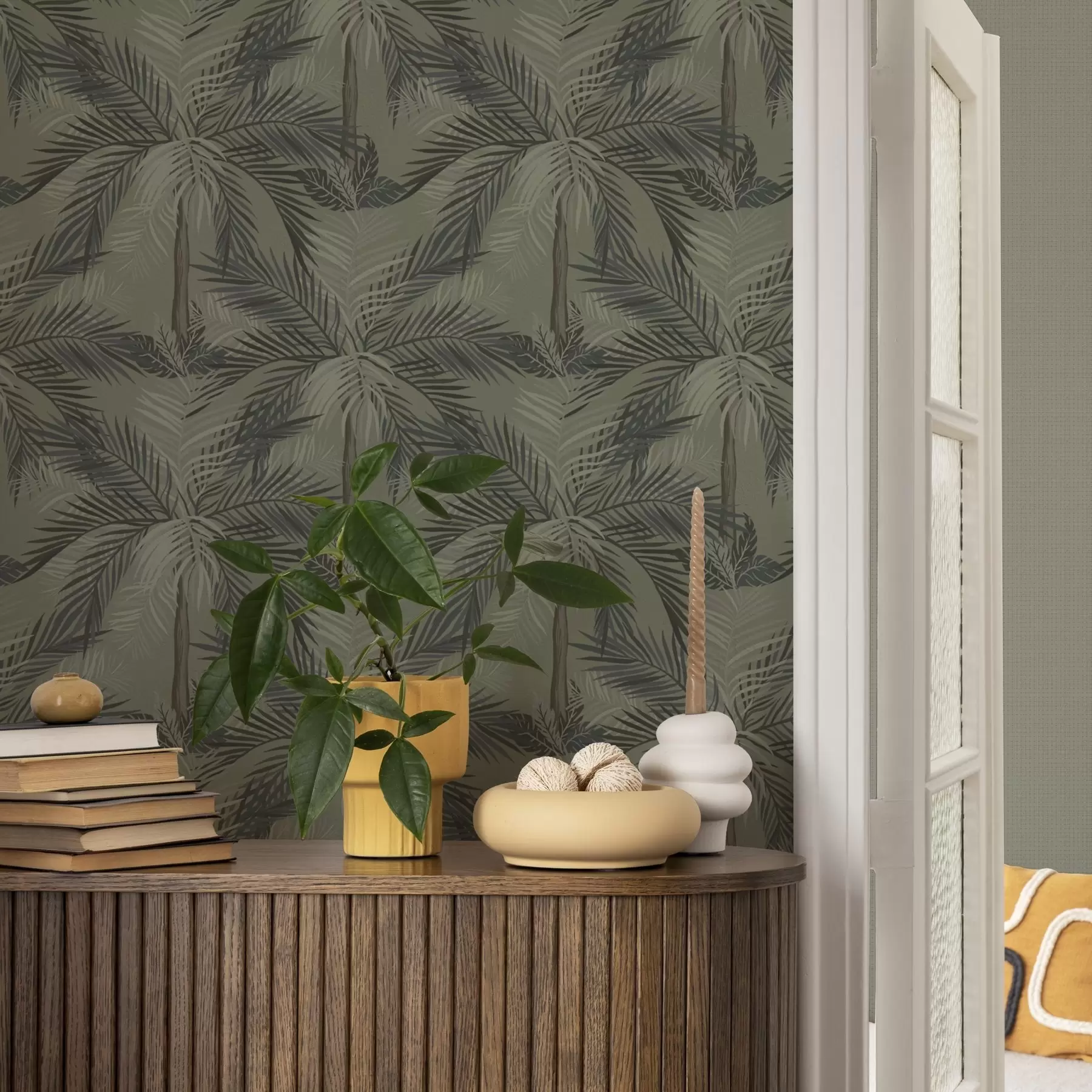 fototapet Frunze de palmier pe fundal de măsline, junglă, tropice a00217