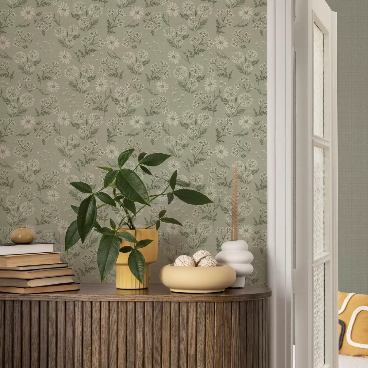 Wallpaper Păpădii și margarete, model botanic pe fundal gri-verde a00224