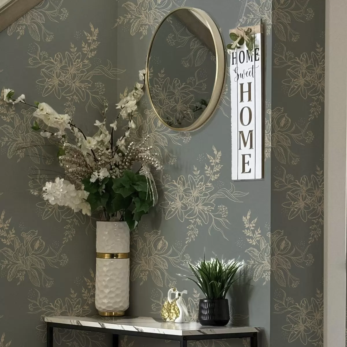 Wallpaper Flori de contur pe fundal albastru-cenușiu, model botanic elegant a00226